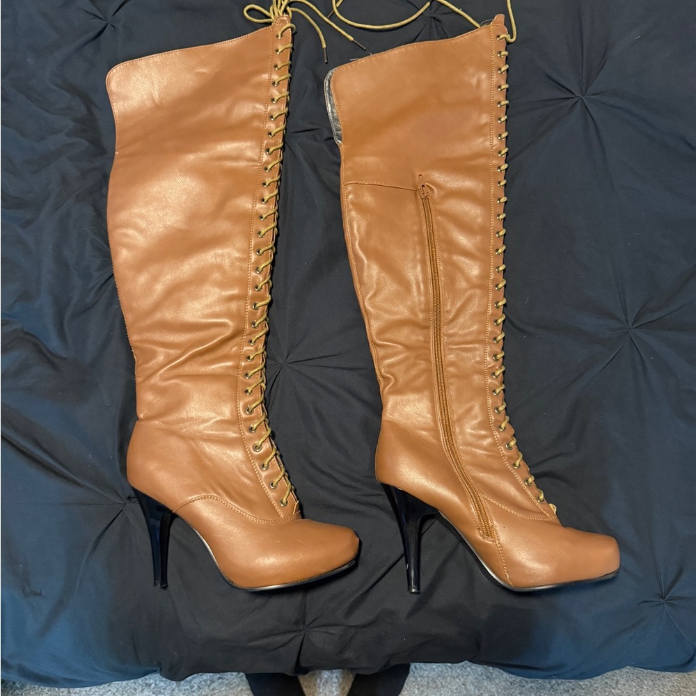Tan Knee-High Lace-Up Heeled Boots